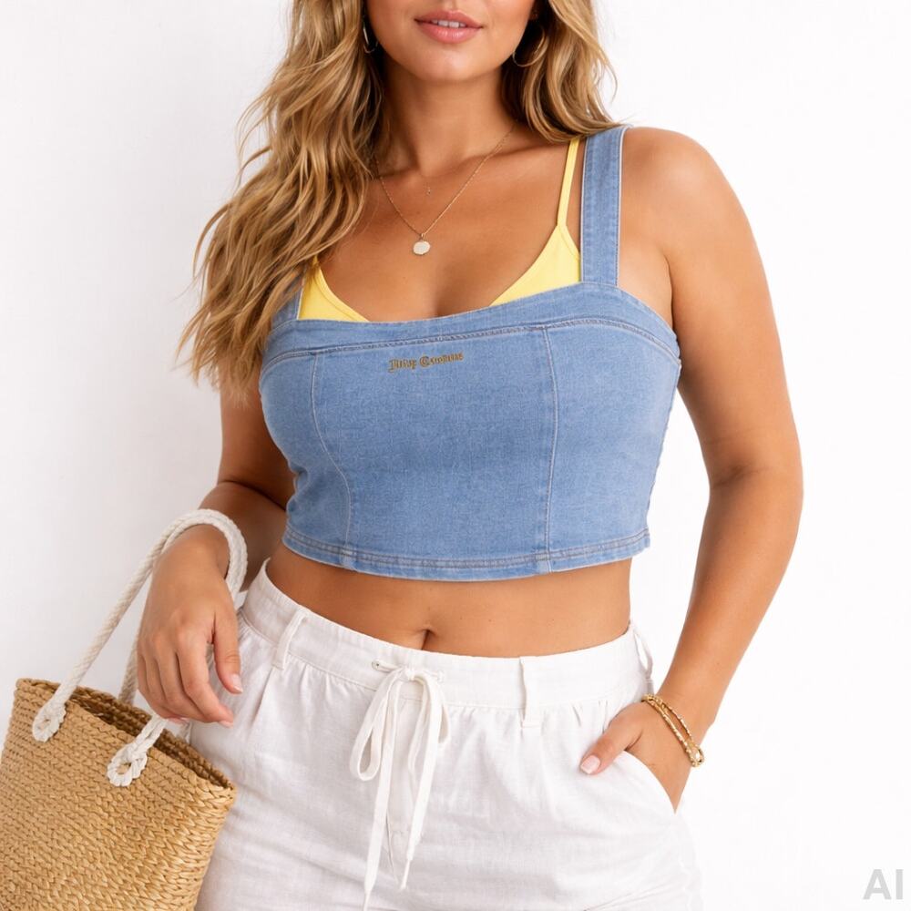 Juicy Couture Cropped Denim Top L Blue Y2K McBling Beachy - Picture 3 of 6